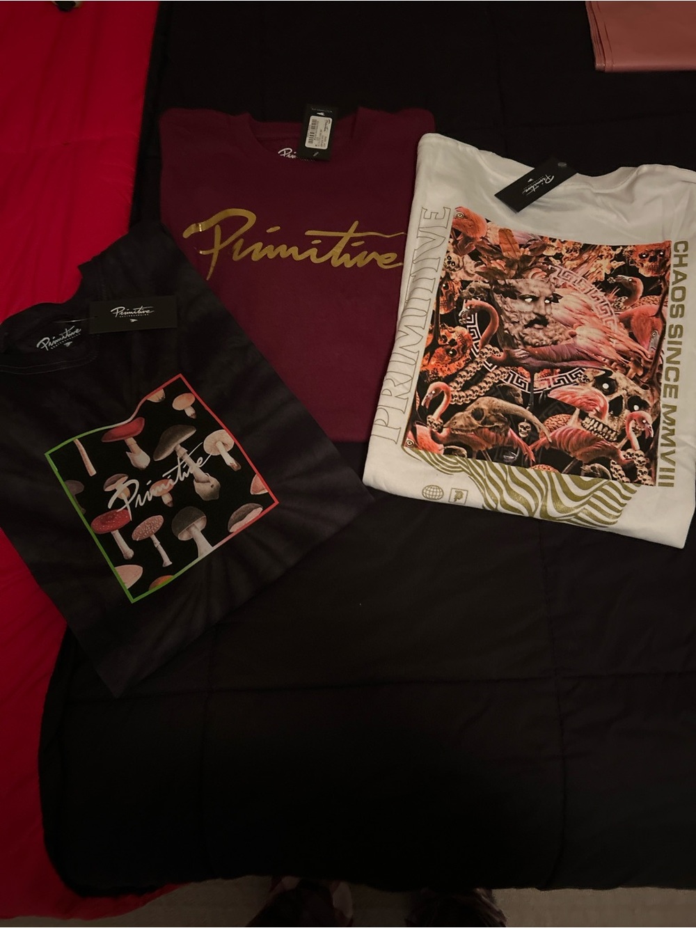 New Primitive Graphic Tee bundle- Burgundy, Black, White - 3-Pack Style Options